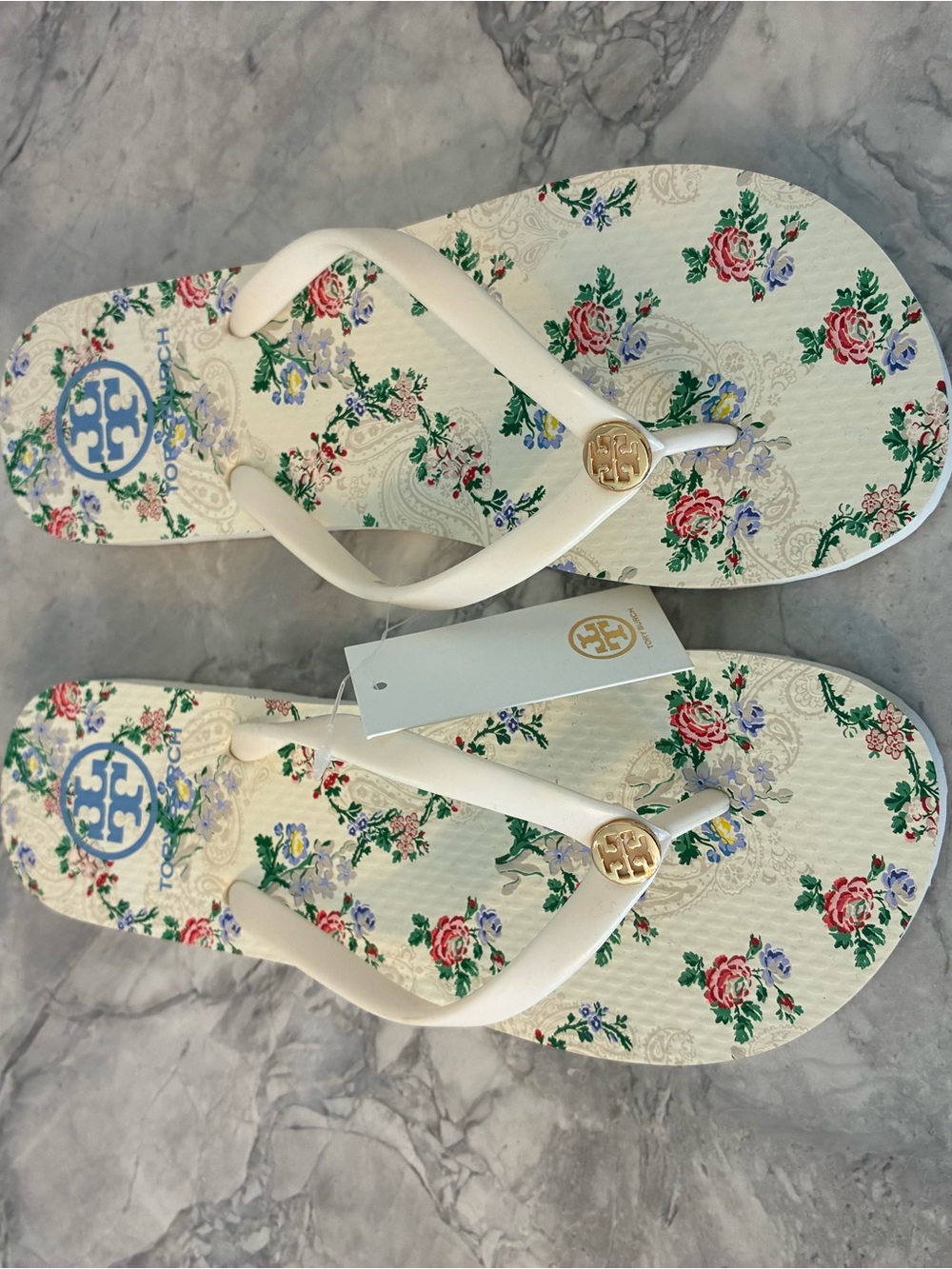 New with Tags! Tory Burch Ivory French Paisley Floral Flip Flop Sandals- size 7